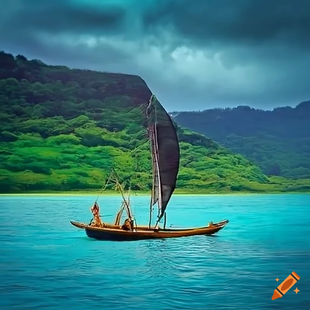 Pele sailing on a canoe to Kaua'i