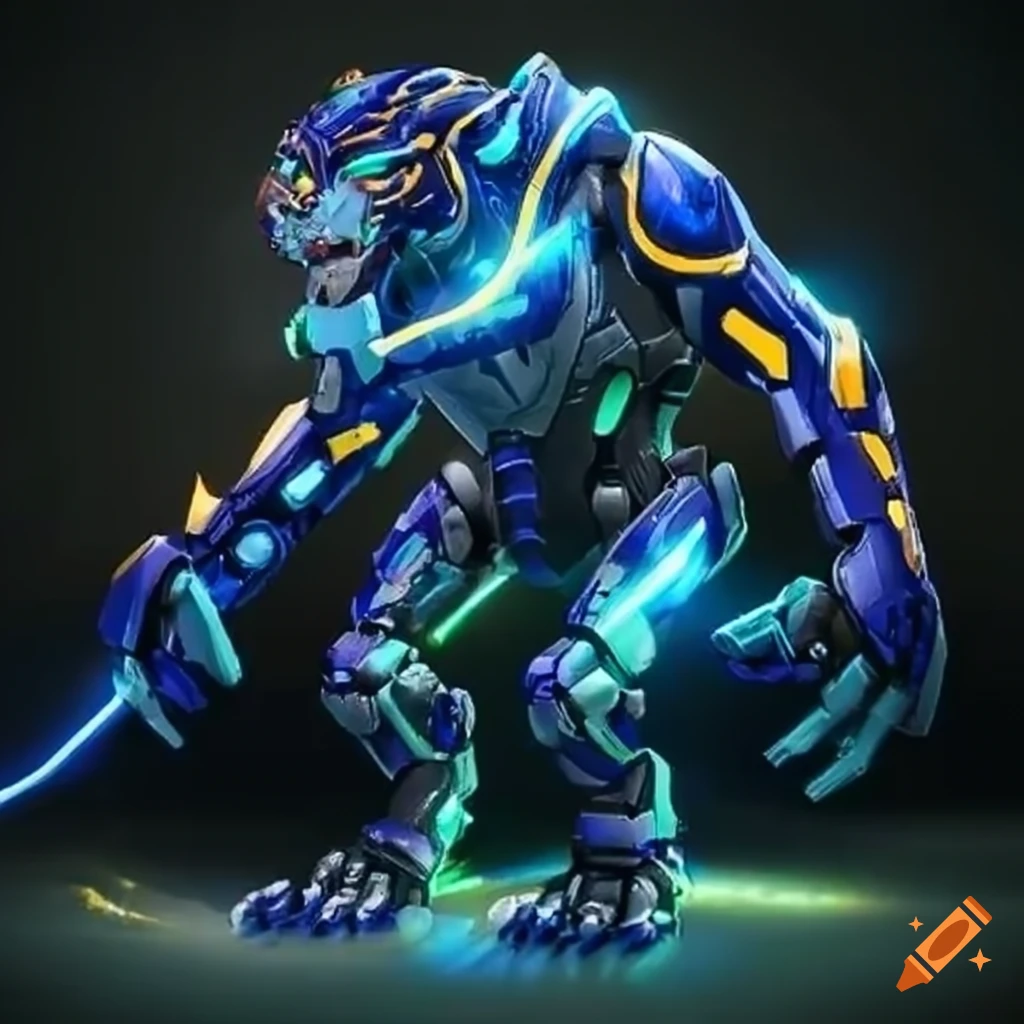 fierce mecha Tiger with glowing indigo yellow stripes