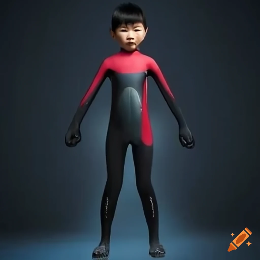 realistic illustration of an Asian boy in a biomechanic wetsuit