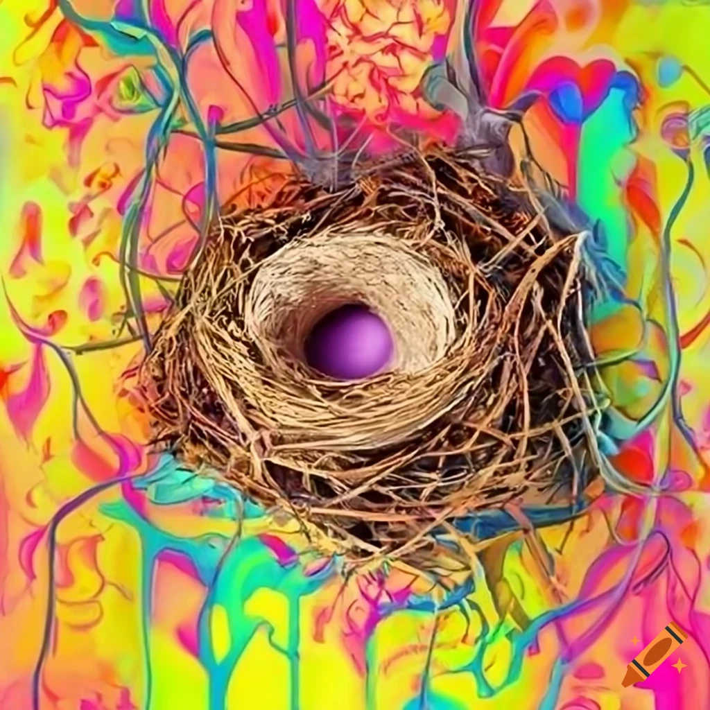Psychedelic depiction of a birds nest on Craiyon