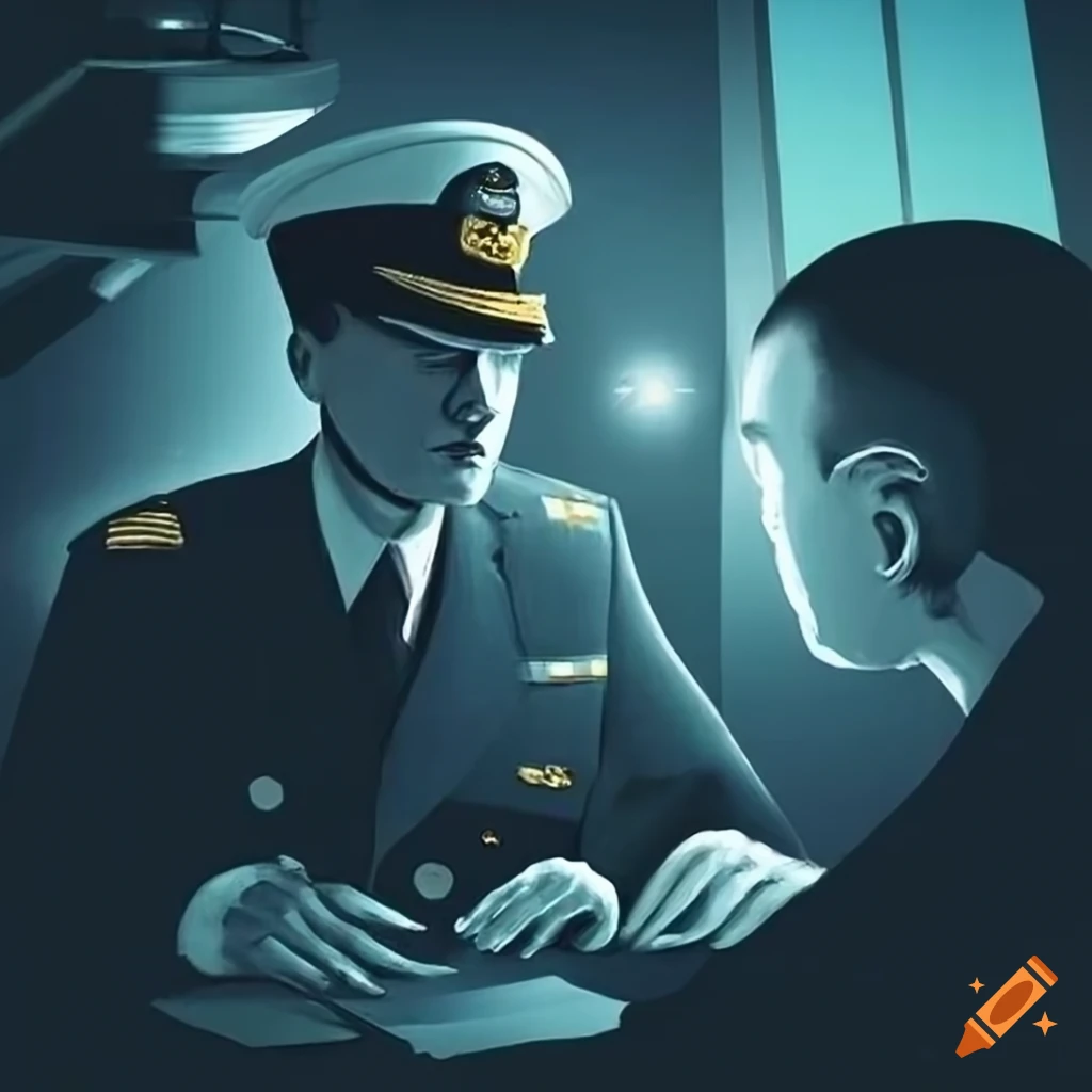 Rembrandt-style depiction of navy officers in a submarine control room