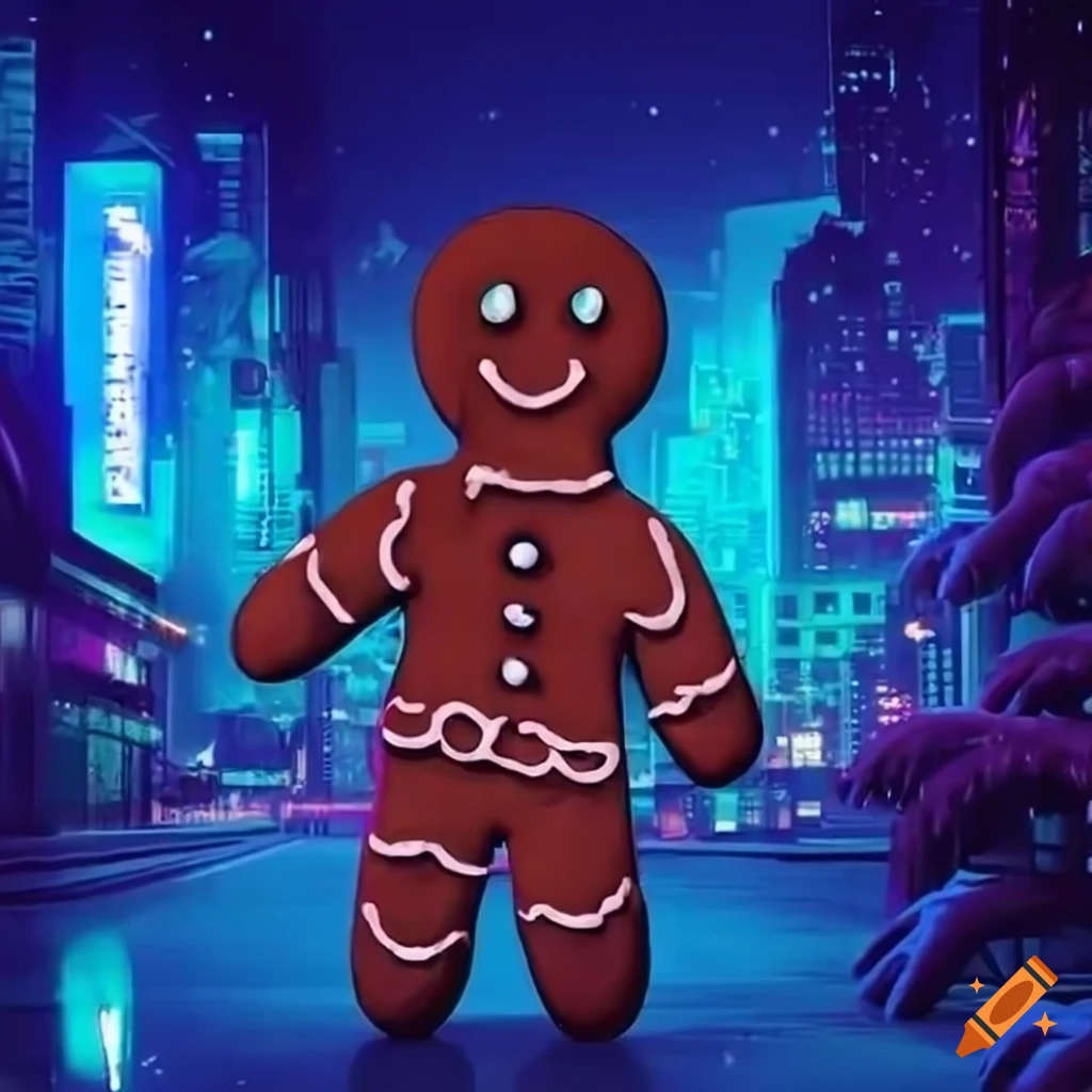 Gingerbread man in a futuristic snowy city