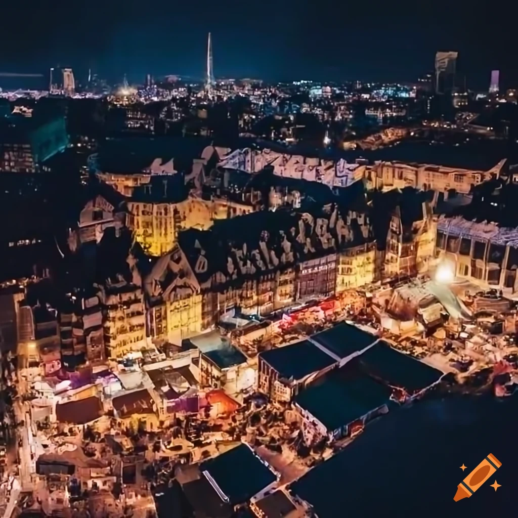aerial view of a night market with dark hues
