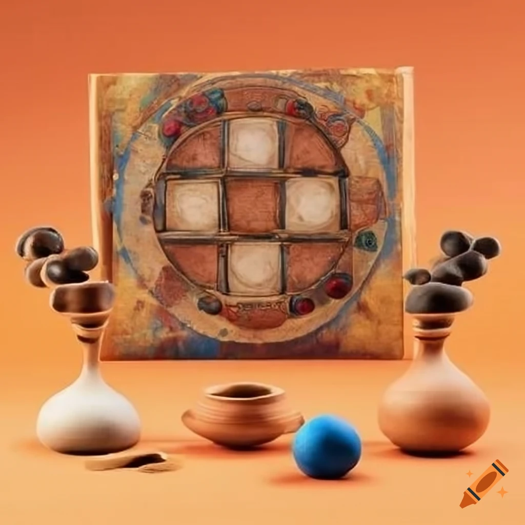 Board game with ancient pottery and traditional vessels