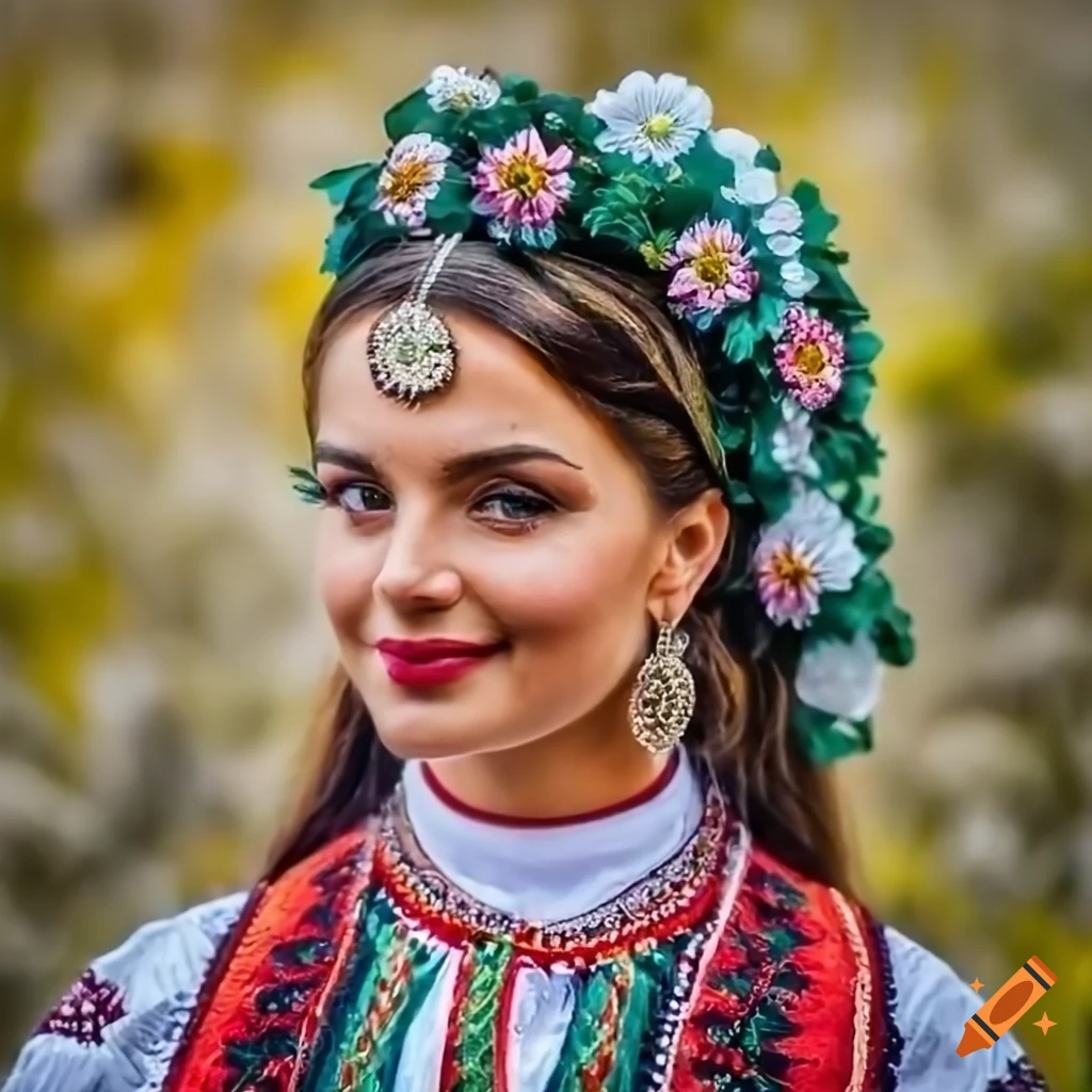 portrait of a Bulgarian woman in traditional dress with a smile