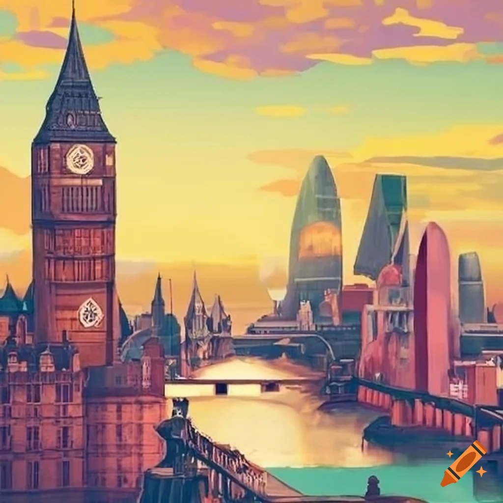 Ghibli-style illustration of the city of london on Craiyon