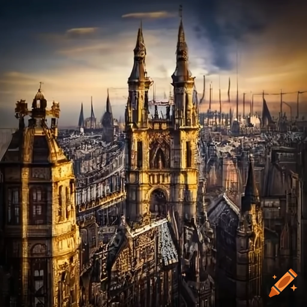Steampunk city with a massive bridge and airships on Craiyon