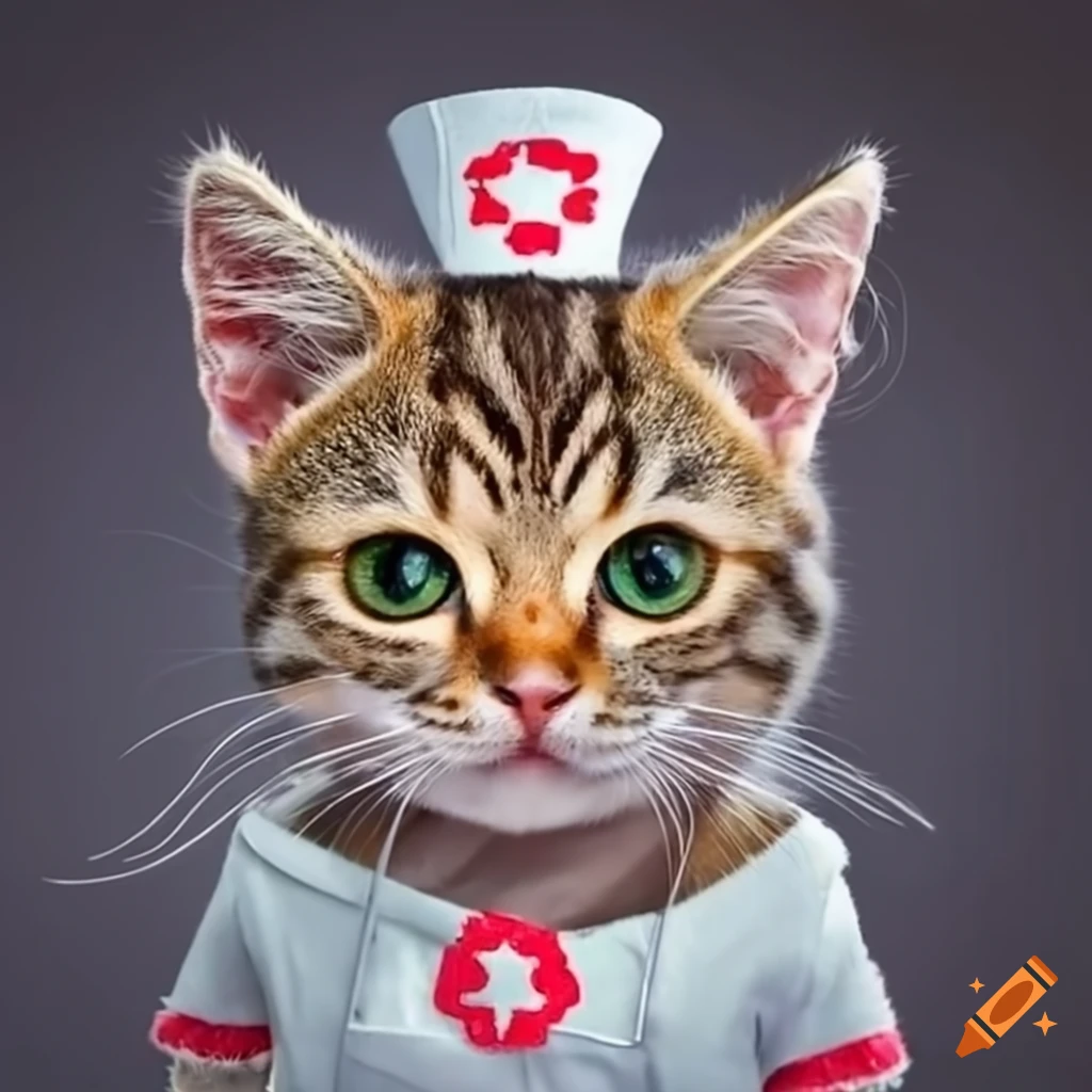 Adorable tabby kitten dressed as a nurse
