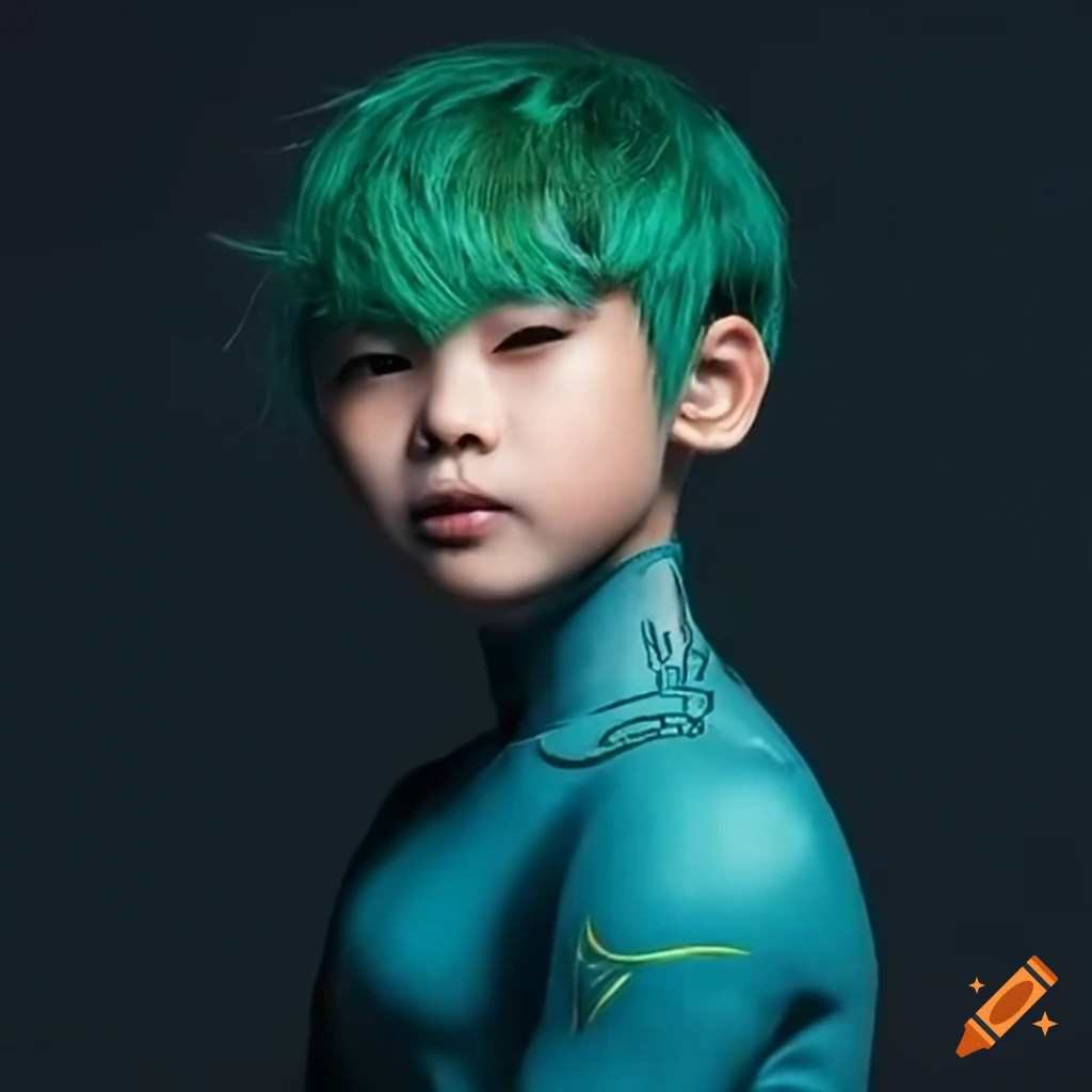 portrait of an Asian boy with green hair in a detailed wetsuit