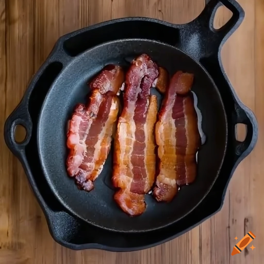 Sizzling bacon in a cast iron pan