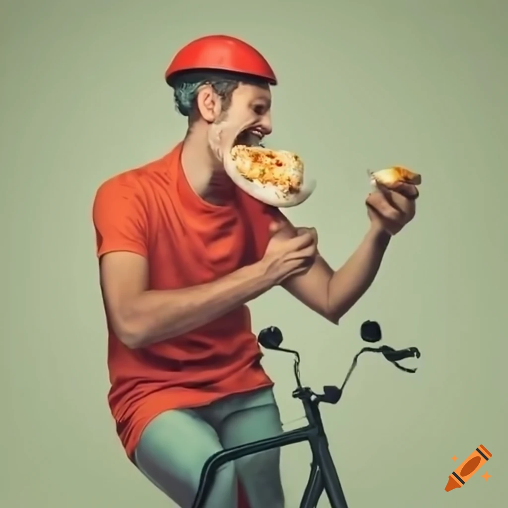 delivery man enjoying hummus while biking