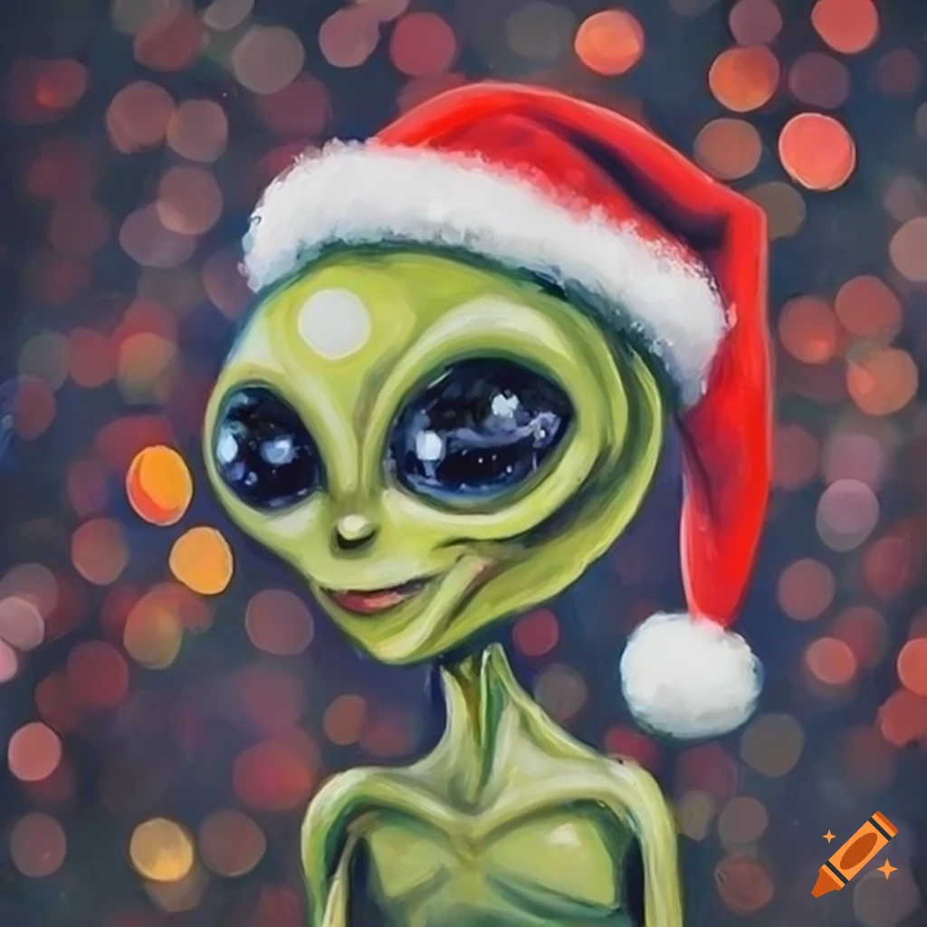 oil painting of an alien wearing a Christmas hat