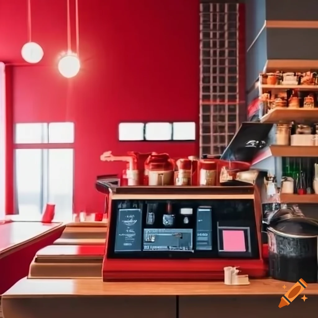 Sleek red interior of a modern coffee shop