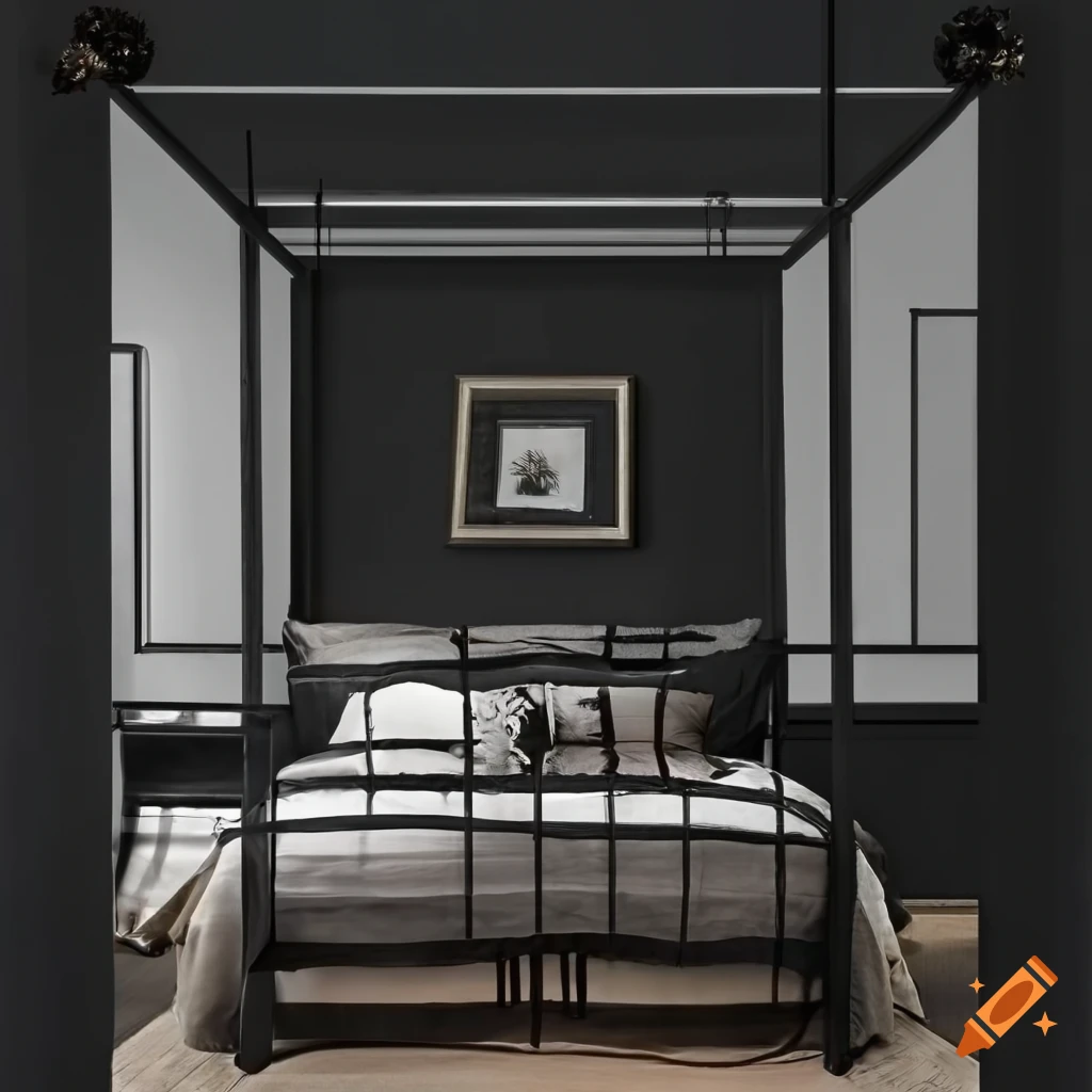Bedroom with black metal canopy bed and nightstands
