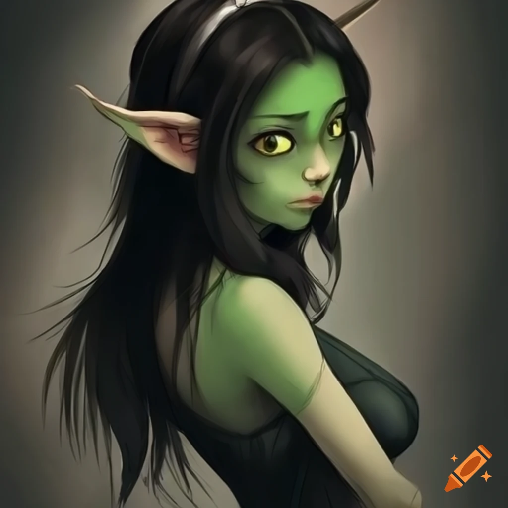 Character drawing of a cute black-haired goblin girl