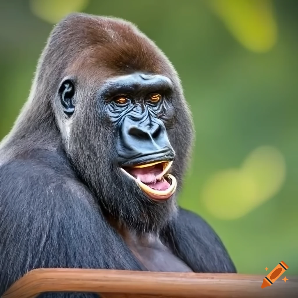 photo of a smiling gorilla relaxing in the garden