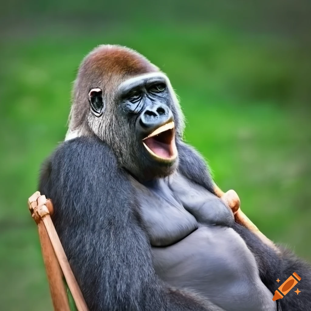 detailed photo of a gorilla relaxing in a deckchair