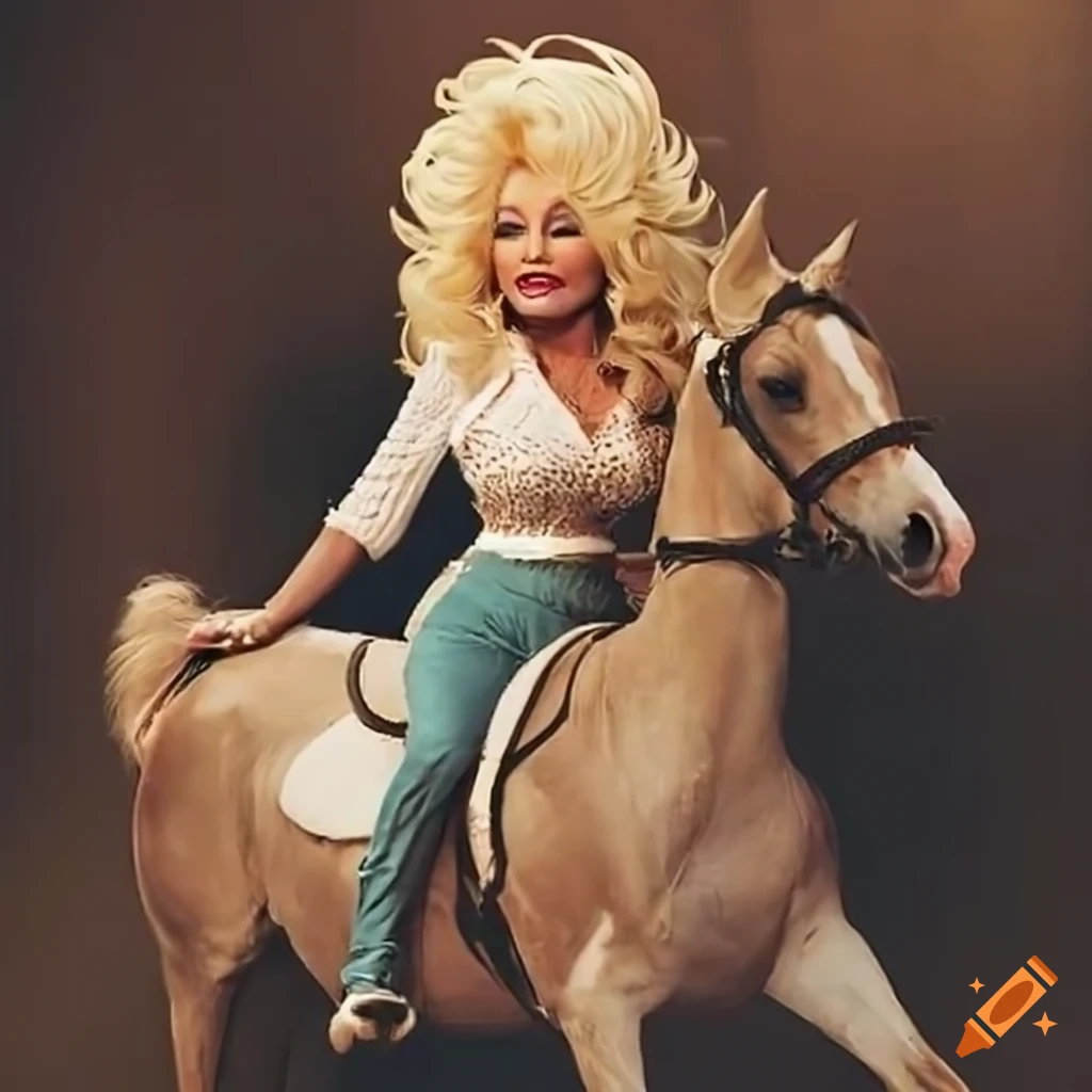 Dolly Parton riding a horse