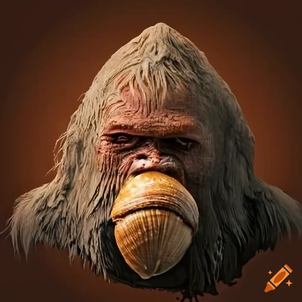 image of a mysterious Sasquatch holding a giant clam