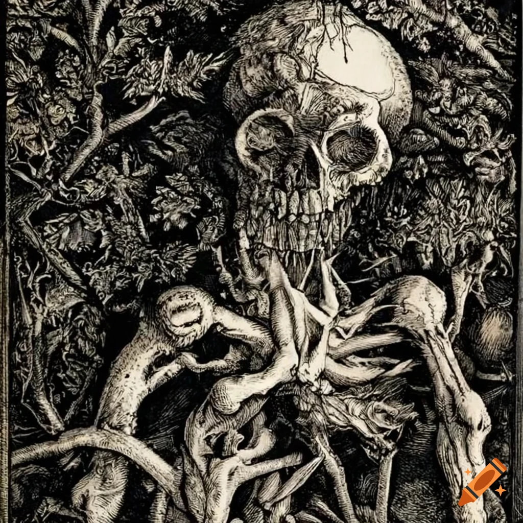 Intricate etching engraving of mysterious symbols in bone and branches ...