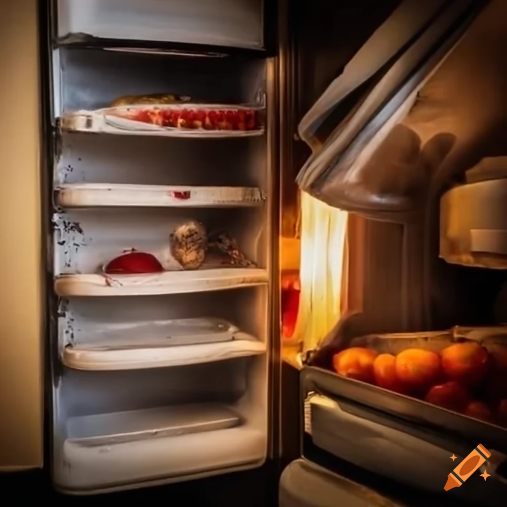 Leftover food outside a refrigerator on Craiyon