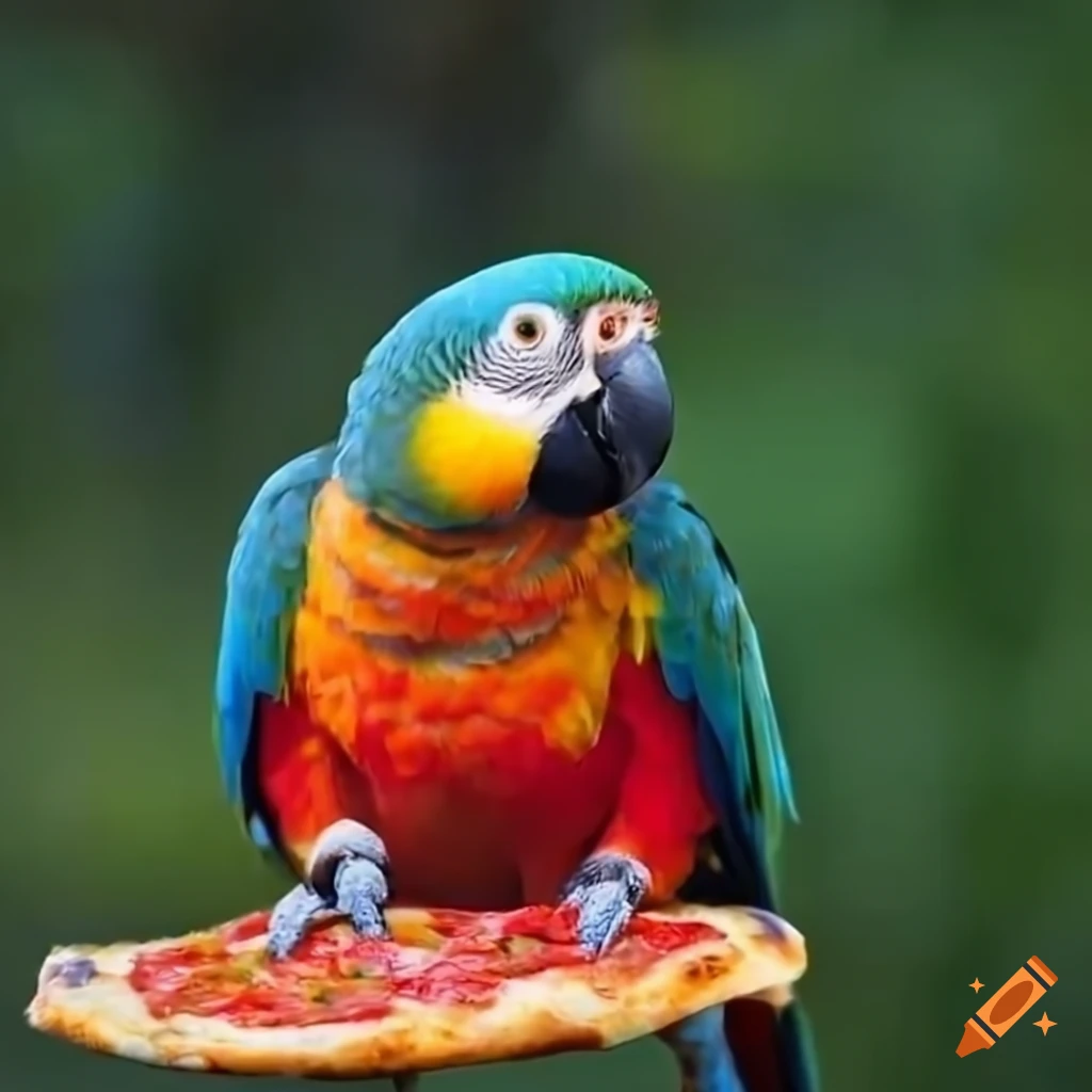 Parrot eating a slice of pizza