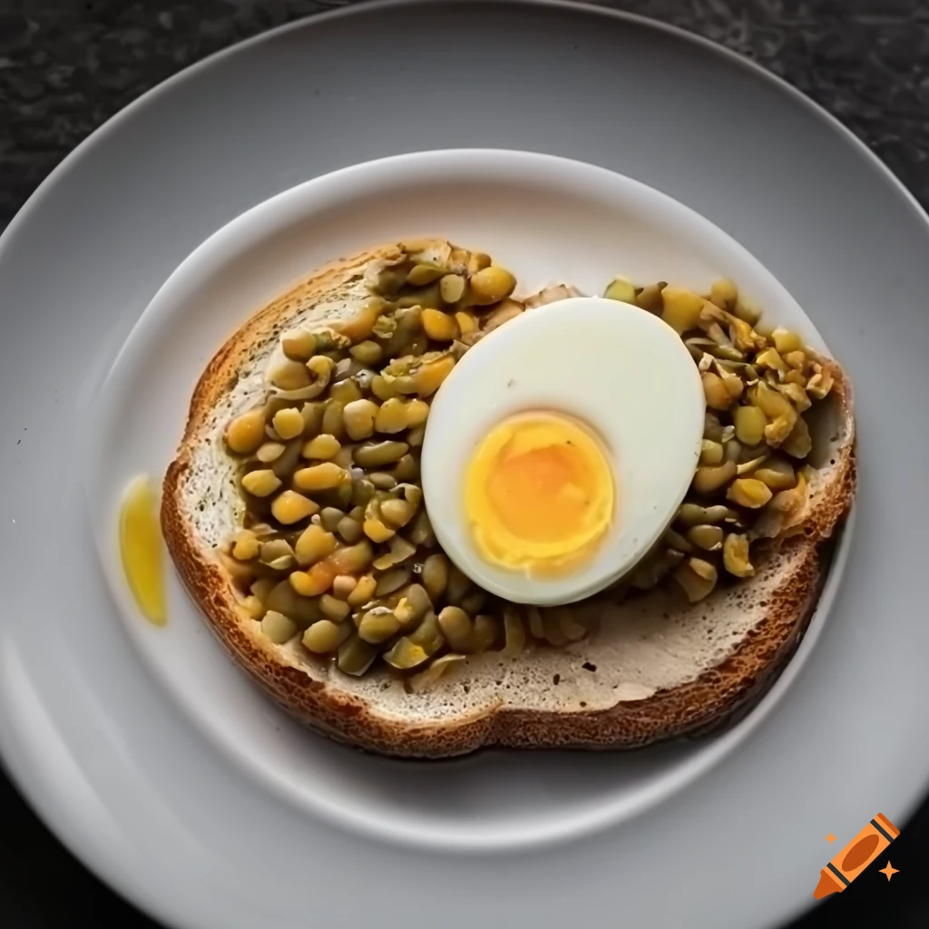 Plate of lentils with cottage cheese on toast, egg and chicken slices