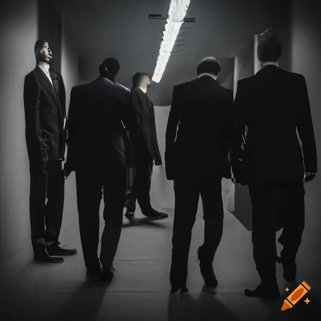 men in suits walking in a creepy hallway
