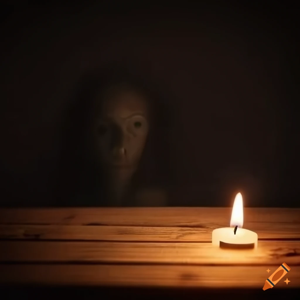 creepy atmosphere with a candle on a wooden table