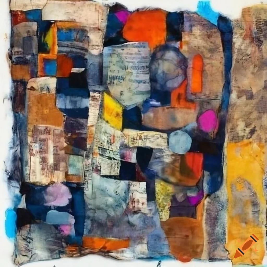 Abstract mixed media artwork with newspaper and painted textile