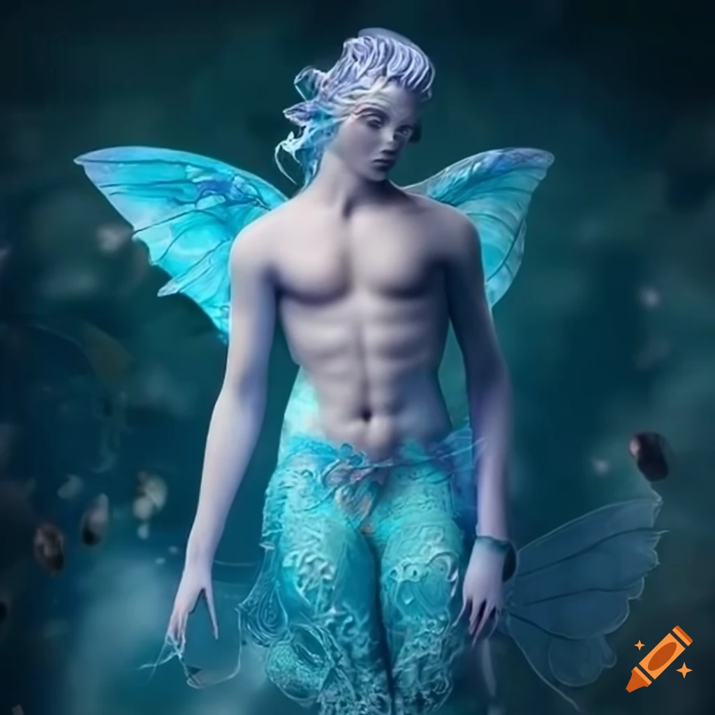 Artistic depiction of a male water fairy in a pool
