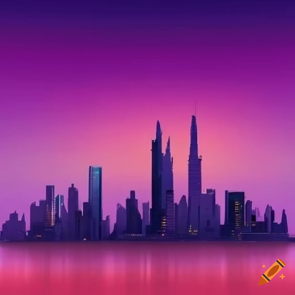 Realistic picture of a futuristic city at sunset