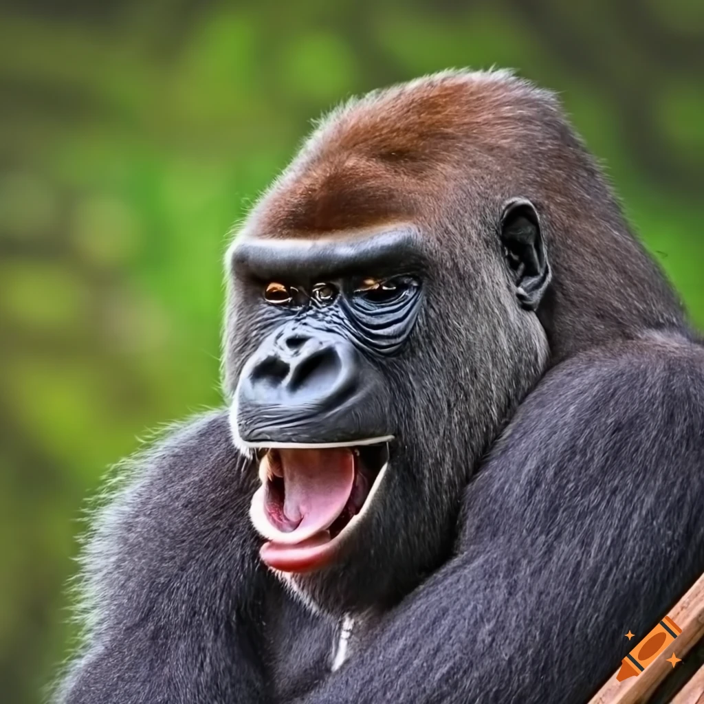 photo of a smiling gorilla relaxing in the garden
