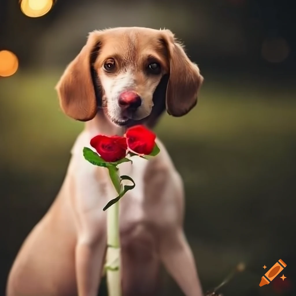Dog holding a rose