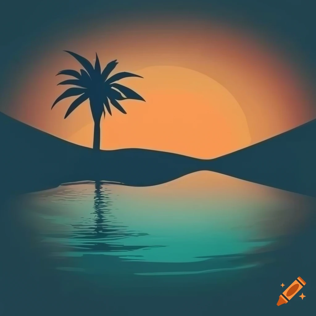 logotipo de um oasis com palmeira, lago, montanha e sol
