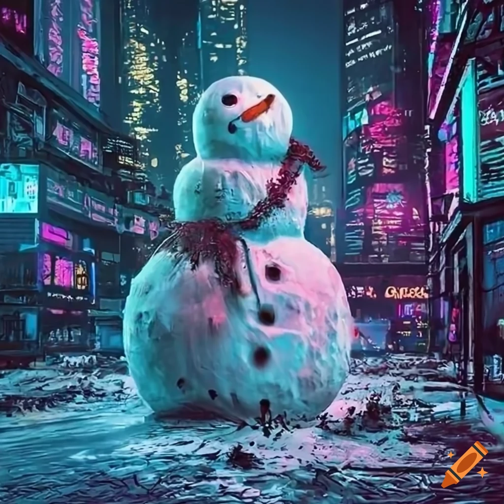 Neon cyberpunk cityscape with a giant dirty snowman on Craiyon