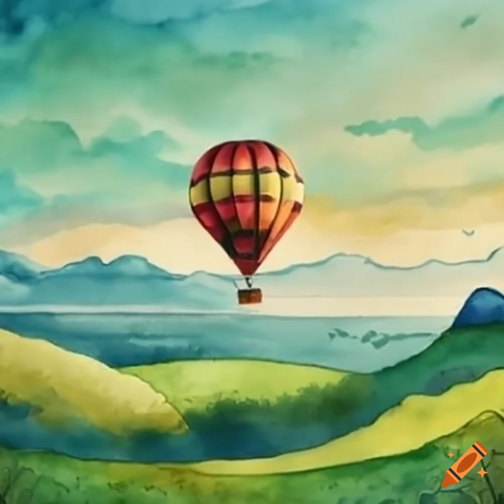 hot air balloon soaring over lush green hill