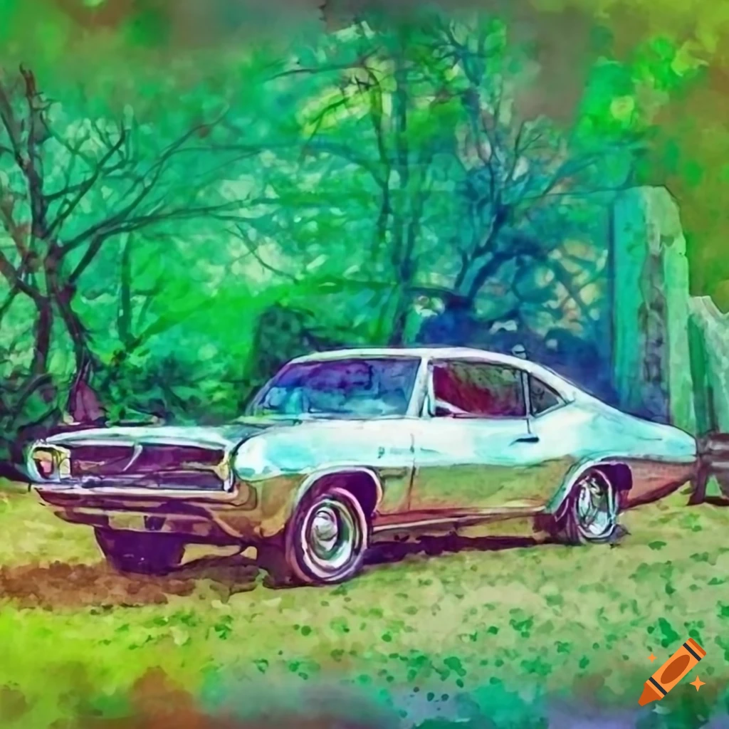 watercolor of a muscle car near a gravestone