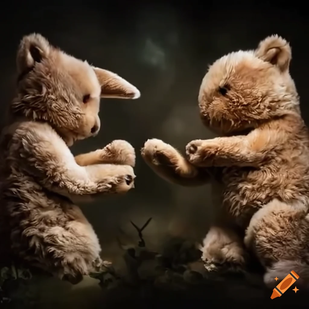 Epic battle between teddy bears and stuffed rabbits