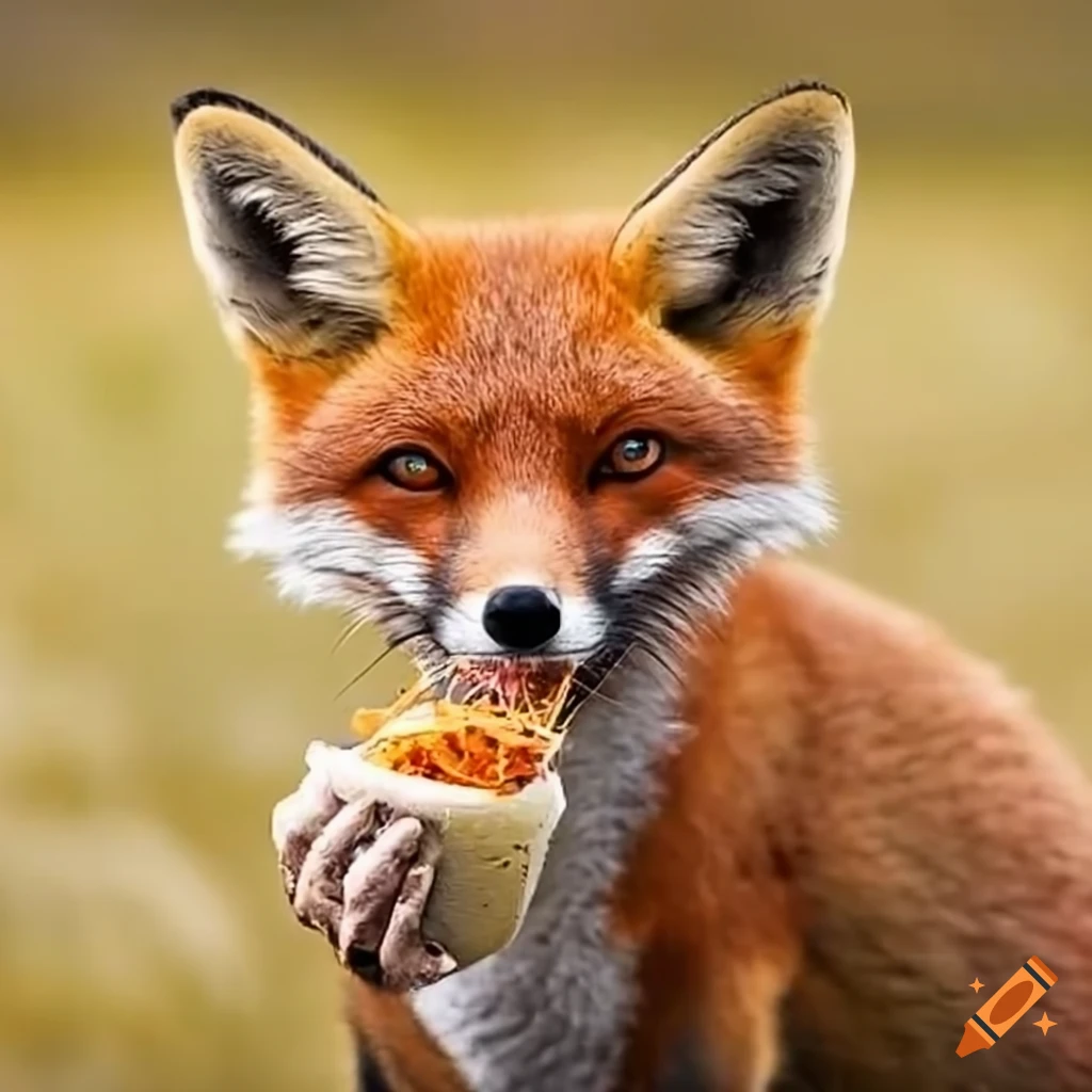 Fox eating pasta in a field