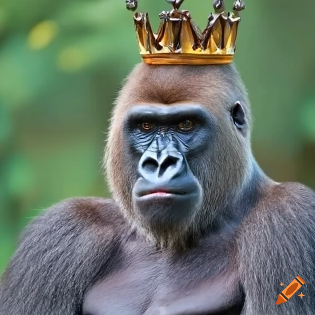 gorilla wearing a crown in a garden