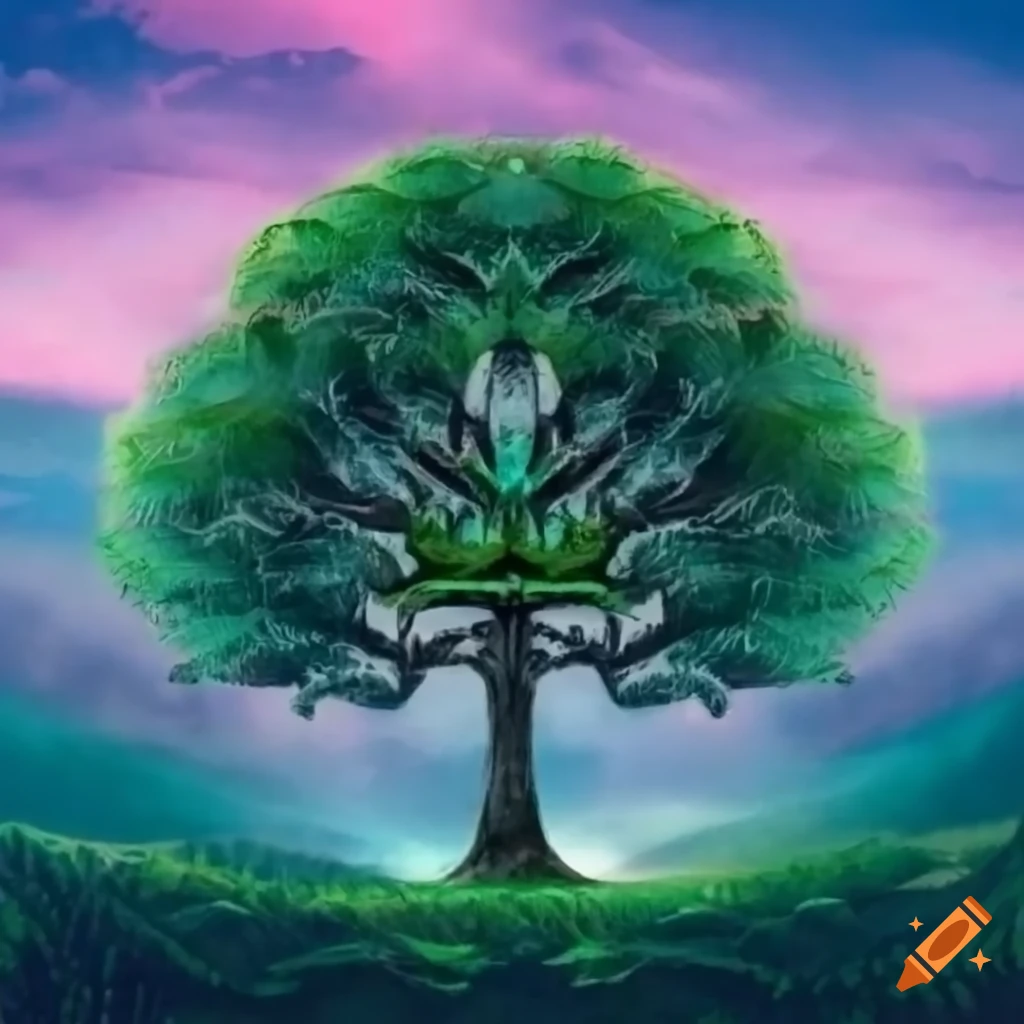 montanha e árvore Yggdrasil com folhas roxas e raízes verdes