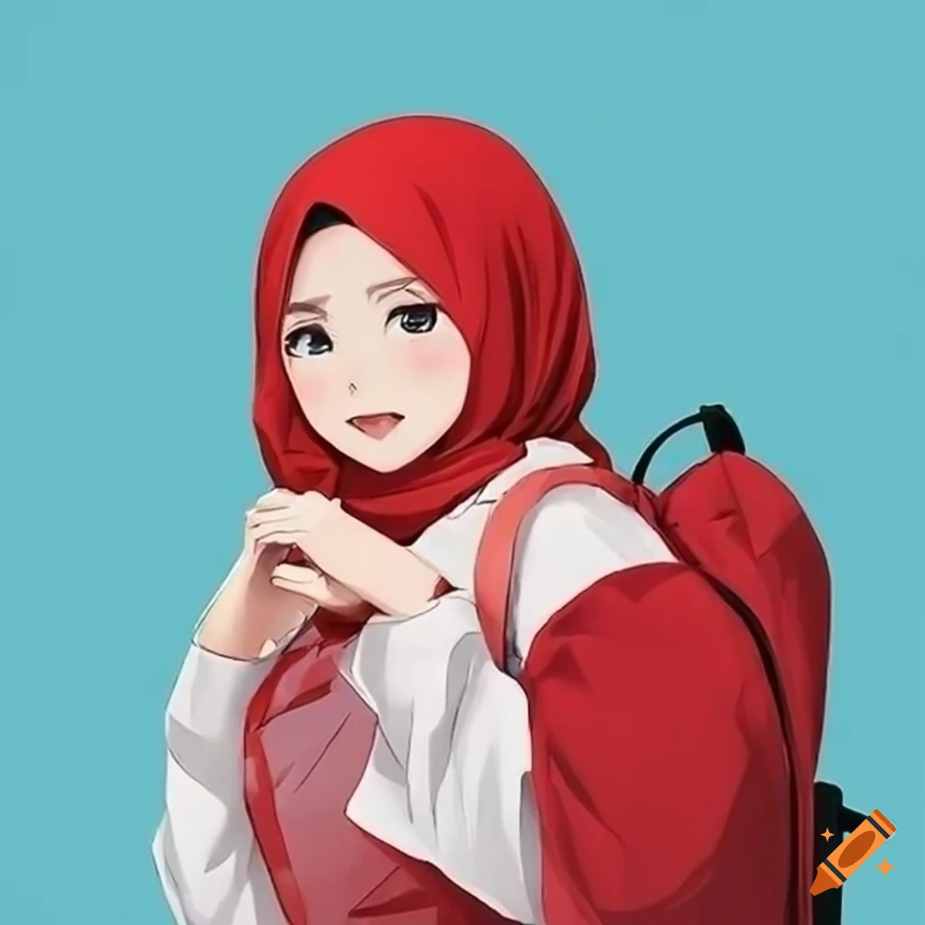 anime character in hijab with red Fathimzar backpack