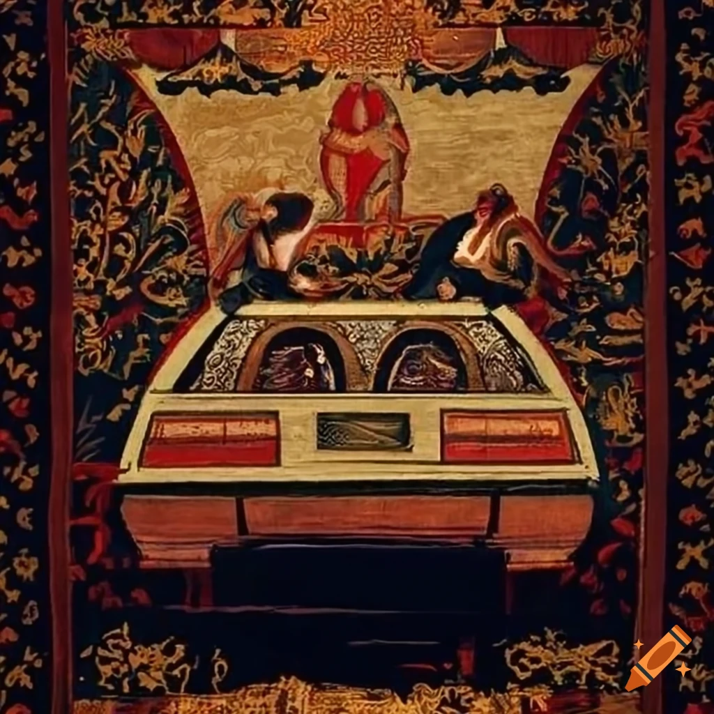 medieval tapestry with a DeLorean