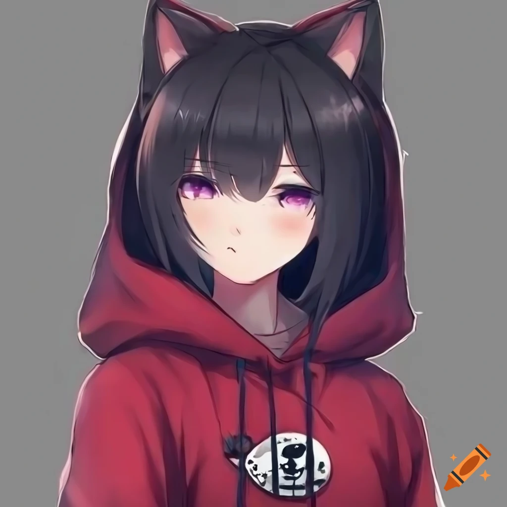 Cute neko anime girl in a stylish black hoodie