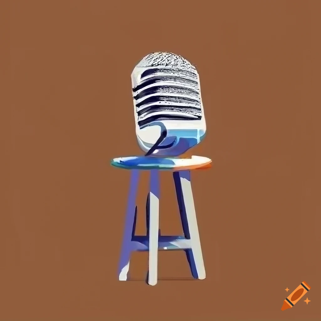 minimalist painting of a microphone on a wooden stool