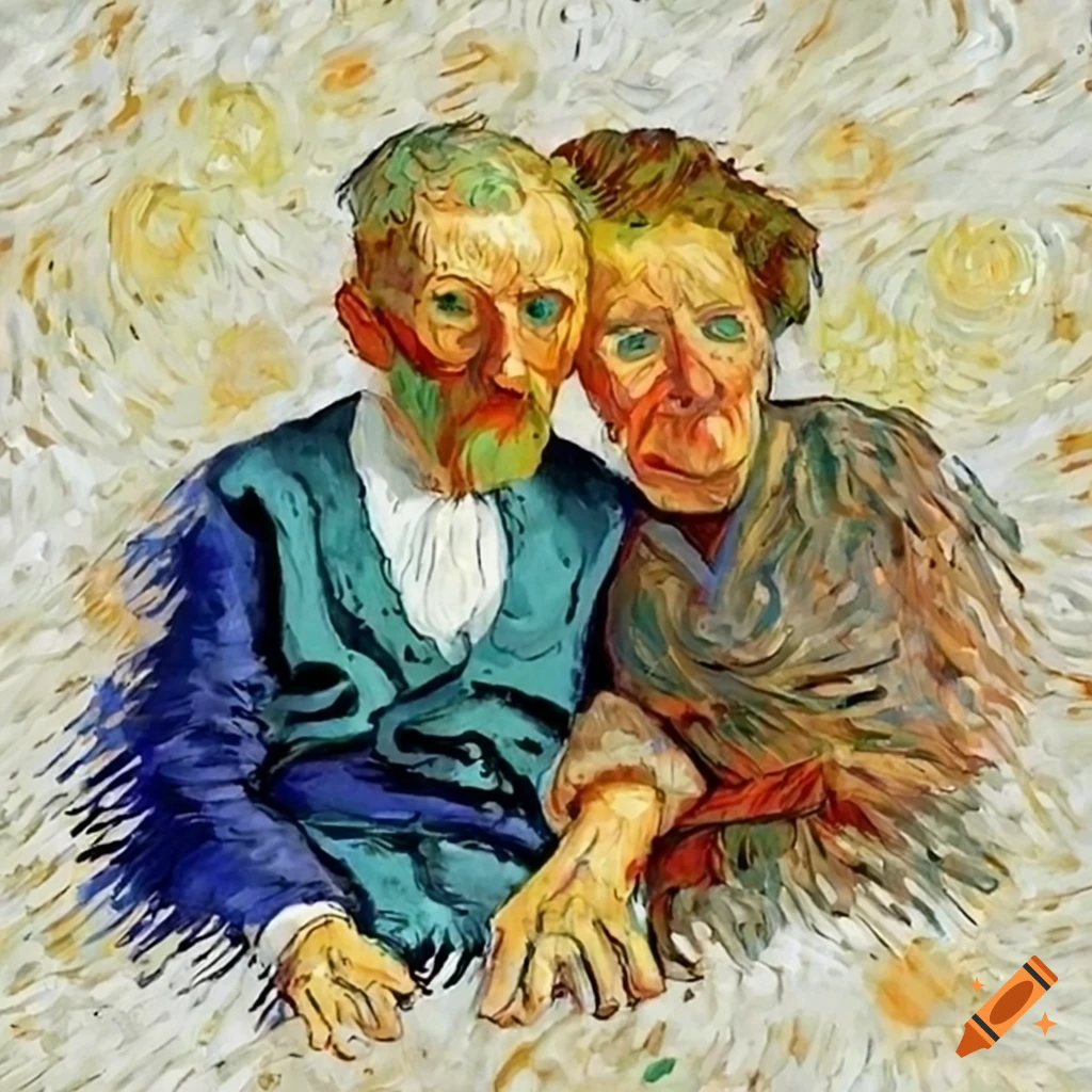 van gogh style painting of a happy elderly couple