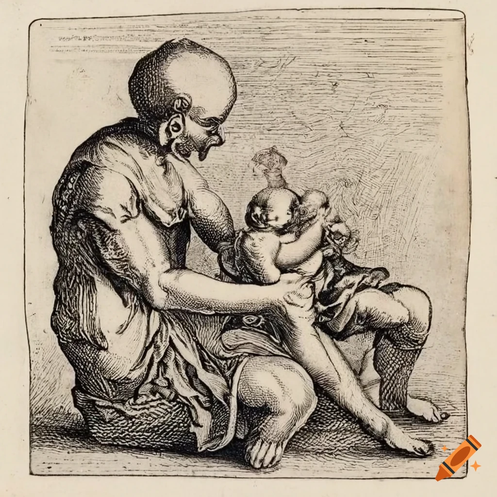 16th century etching of a father feeding a baby with a bottle