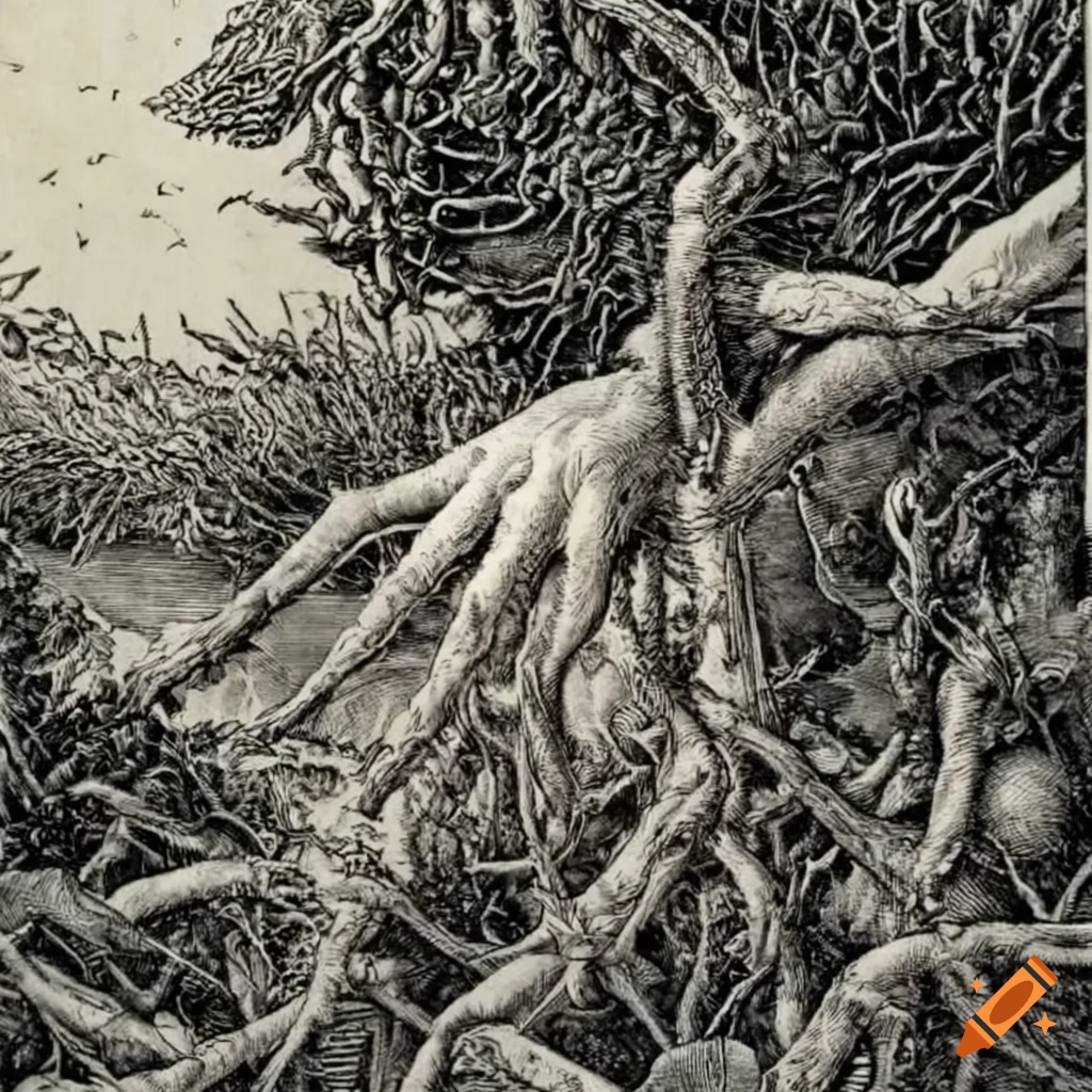 intricate etching engraving with mysterious symbols