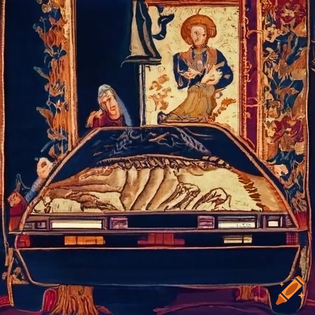 medieval tapestry with a DeLorean